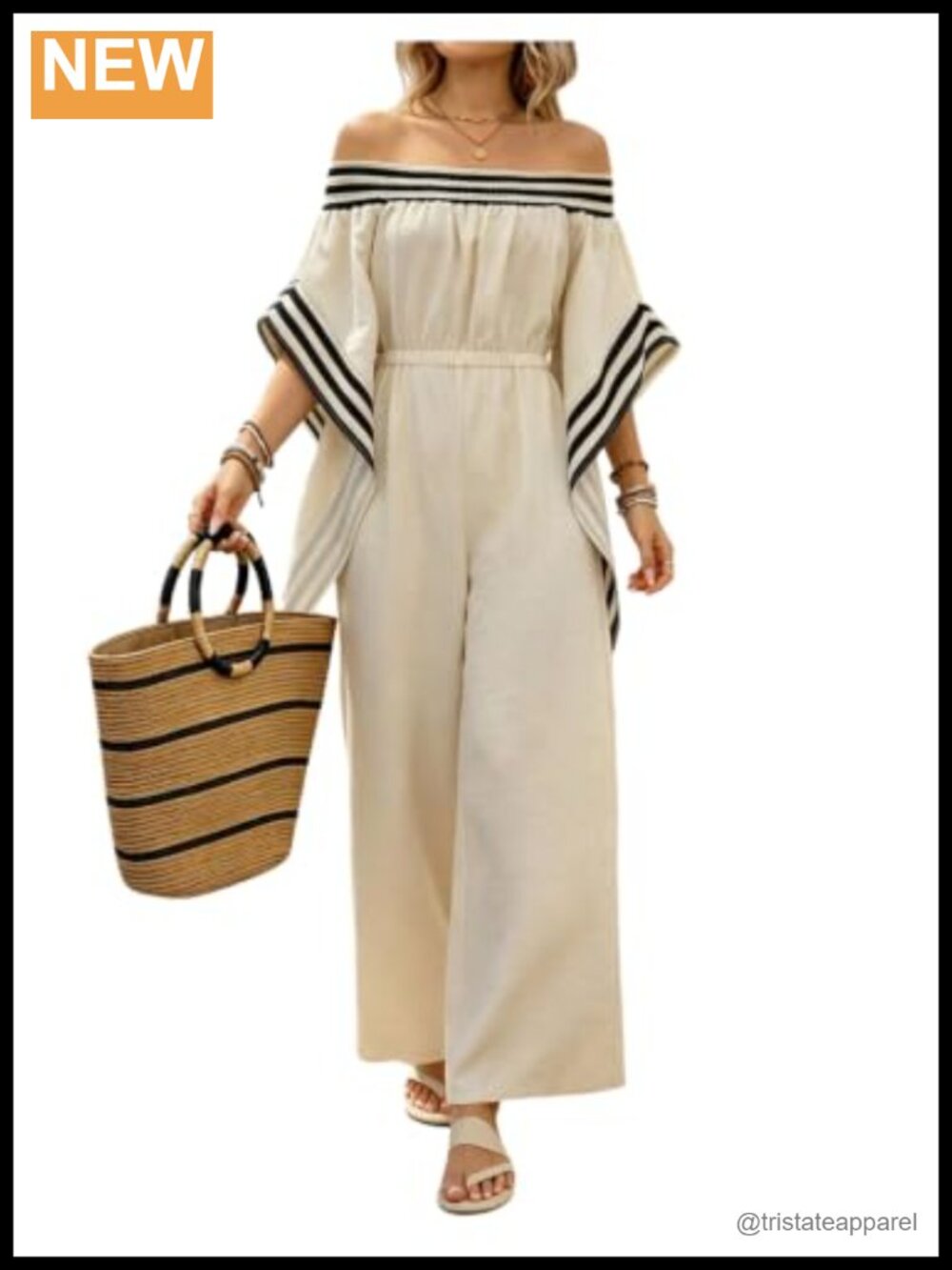 Off Shoulder Striped Wide Leg Jumpsuit Dolman Sleeve Boho